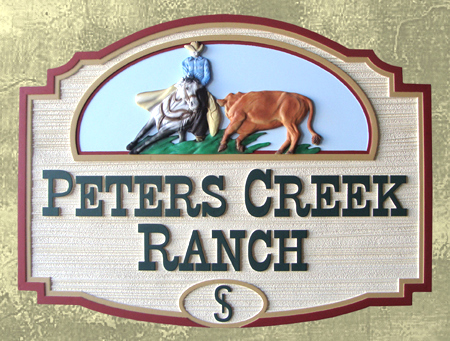 O24024 -  Sandblasted and Carved HDU Ranch Entrance Sign with Cowboy &amp; Horse  Cutting Out a Steer 
