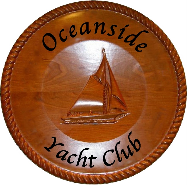 L21790 - Yacht Club Carved Mahogany Round Wall Plaque with Carved 3D Sailboat