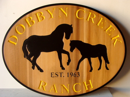 P25242 - Elliptical Engraved Cedar Horse Ranch Sign, with Mare and Colt