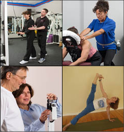 Personal Training Professionals photos of one client doing Yoga, another of a client with a nutritionist, photo of gym equipment and massage