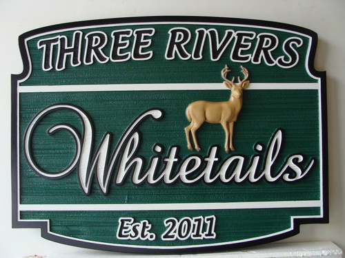 M22099 - Carved HDU Property Name Sign with 3D Whitetail Deer, in Three Rivers