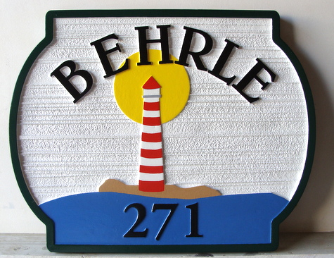 L21013B - Carved and Sandblasted HDU Residential Address Sign, with Lighthouse