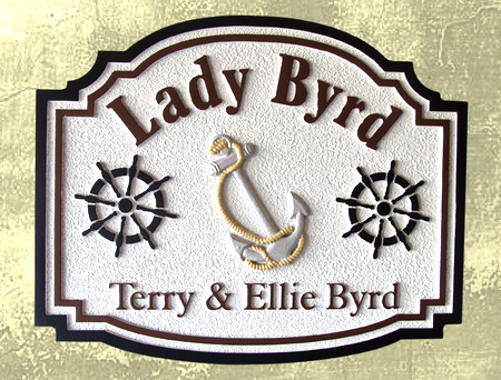 L21807- Carved Yacht Name Sign, with Anchor and Ships Wheel, on Dock Post