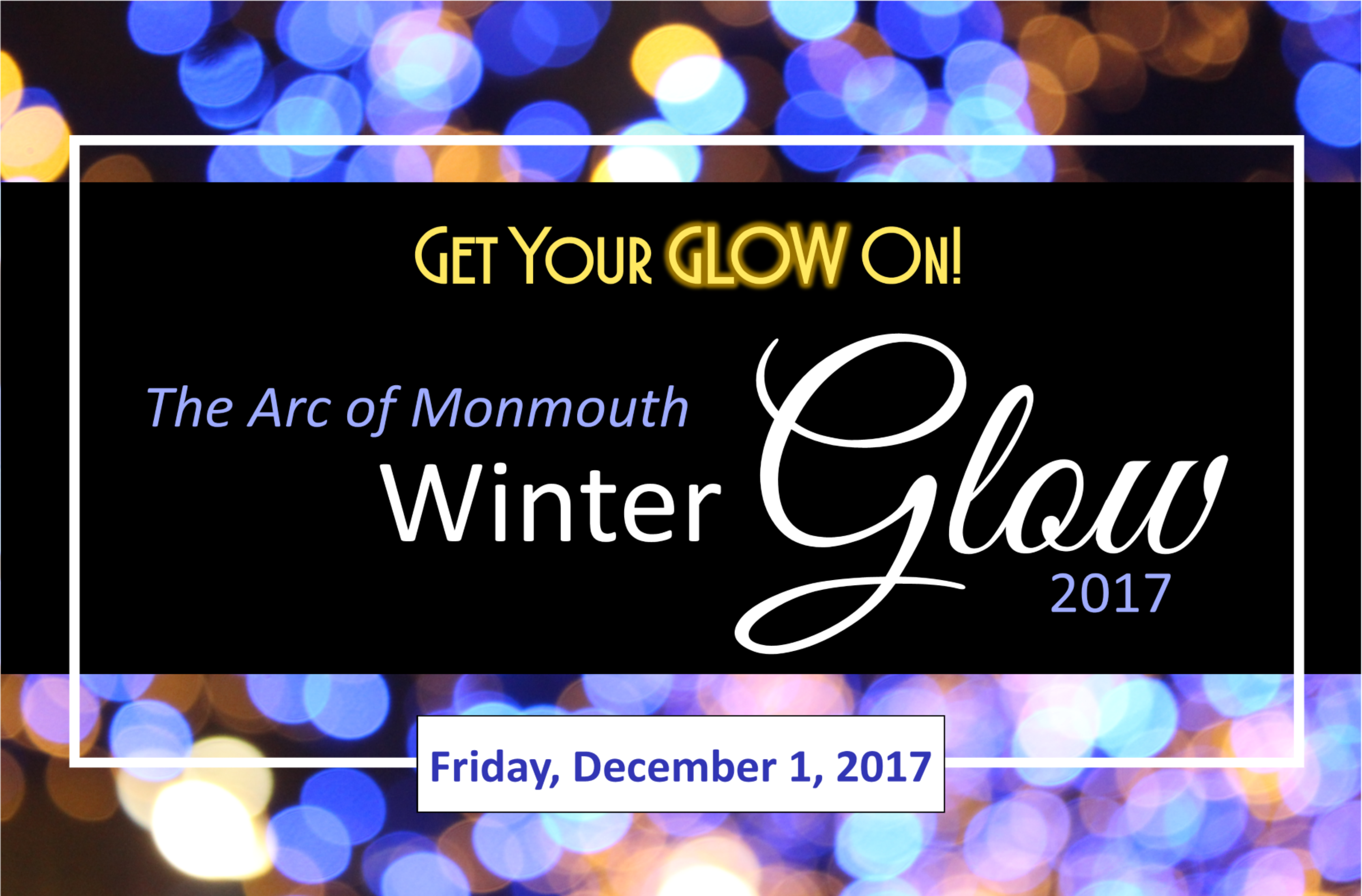 Banner for Winter Glow 2017; on a background of blue sparkle lights