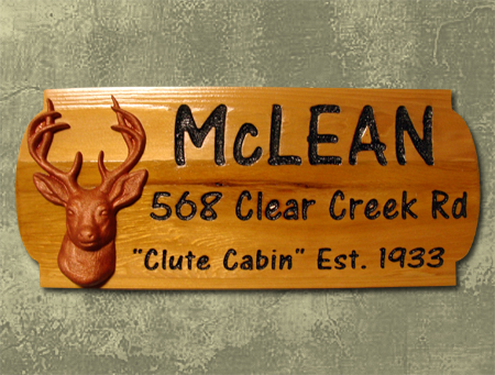 M22206 - Cabin Name and Address Rustic Wood Sign with Carved Deer Head