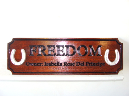 O24443 - Engraved Mahogany Ranch Sign "Freedom" with Carved horshoes