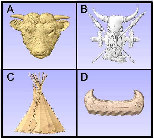 O24920 - Carved 3D Wood Appliques of Native American Symbols (Bison head, shield & spears, tepee, birchbark canoe)
