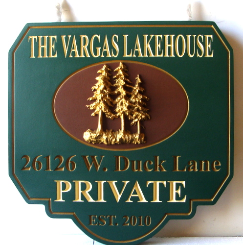 M22000 - Engraved Wood Vargas Lakehouse Property Sign, with Gold Metallic Paint