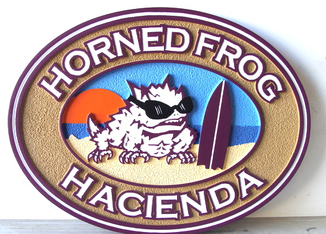 L21106 -Beach House Carved Wood Sign, "Horned Frog Hacienda"