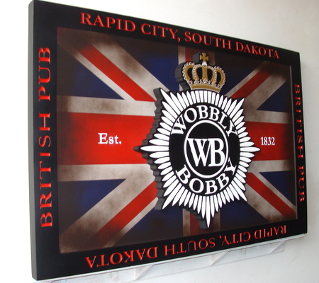 Y27531 - Carved Wood British Pub Sign with Union Jack Flag and "Wobbly Bobby" 