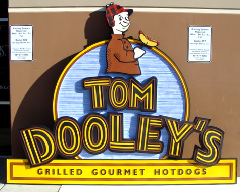 Q25801 - Dimensional Carved HDU Sign for Gourmet Hotdog Restaurant "Tom Dooley's" 