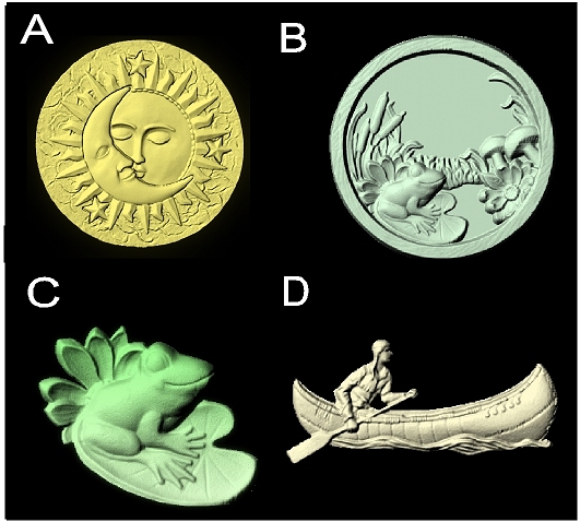 M22963  - Carved 3D Wood Appliques of the Sun, Frogs, and Native American Paddling Canoe