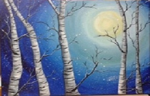 'Winter Birch in the Moonlight" Corks and Canvas Class with Linda Anderson