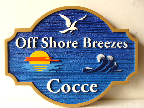 L21141 - Sandblasted 2.5D Beachhouse Sign, "Offshore Breezes", with Seagull, Surf and Sunset