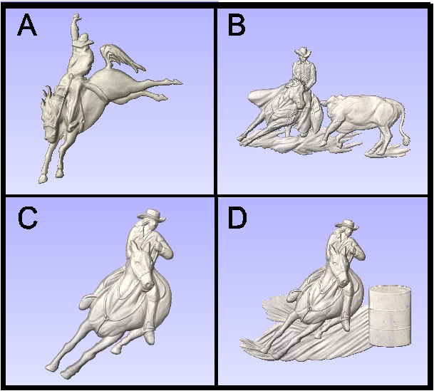 O24905- Carved 3D Wood Appliques of Rodeo Events (Bronco Busting, Cattle Cutting, Barrel Racing)