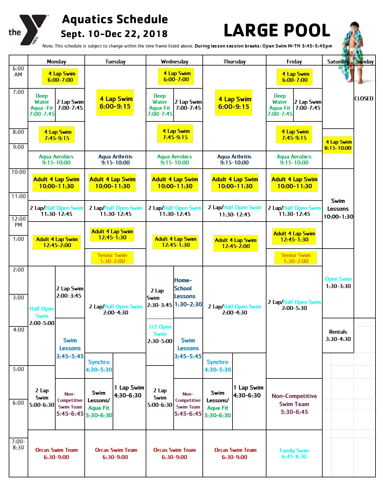 Pool Schedule for the Oneonta Family YMCA