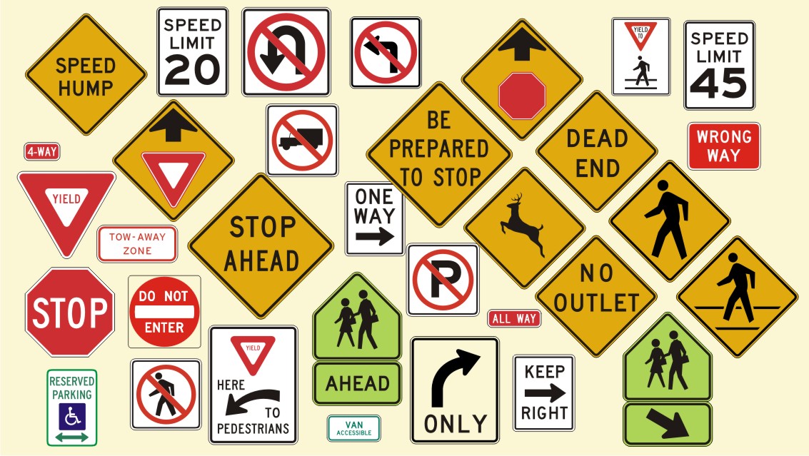 Traffic, Road, parking Lot and Restriction Signs