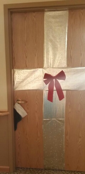 Hospice Home door decorated like a package