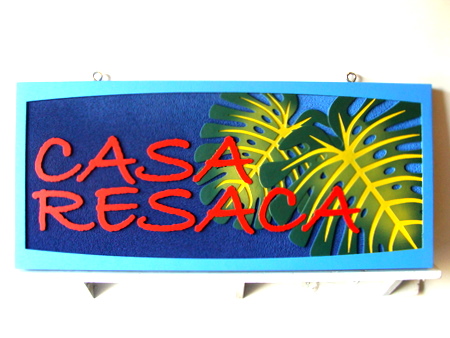 L21001 - Carved Wooden Beach House Sign with Philodendrum Leaves