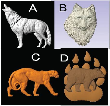 M22941 - Carved 3D Wood Appliques of Wolves, Cougar, and Bear Paw