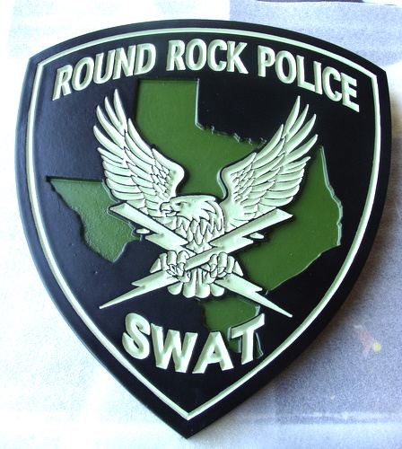 X33451 - Carved Wood Wall Plaque of the Shoulder Patch for the Round Rock Police Department SWAT Team