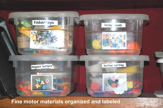 Fine Motor Materials Organized and Labeled