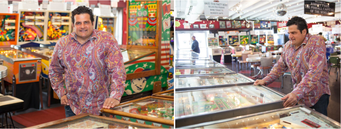 Honoree, Rob Ilvento, stands with Pinball Machines