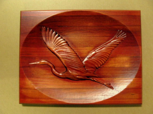 M22204 - 3D Bas-Relief Carved Redwood Plaque with Blue Heron in Flight