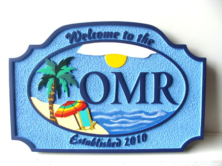 L21022 - Sandblasted HDU Beach House Sign with Umbrella and Palm Tree on Beach
