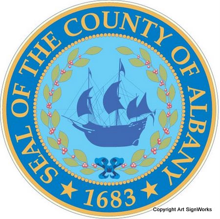 X33303 - Carved Wood Wall Plaque of the Seal of Albany County, NY.