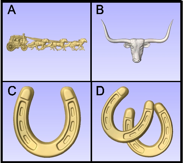 O24913 - Carved 3D Wood Appliques of Old West Symbols (Stagecoach. Longhorn Head, Horseshoes)