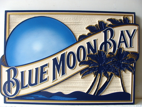 L21029 - Sandblasted HDU Blue Moon Bay Beach House Sign, with Palm Trees and Moon