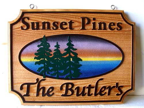 M22236 - Carved Cedar Wood Sign with 2.5D scene of Lake, Trees and Sunset 