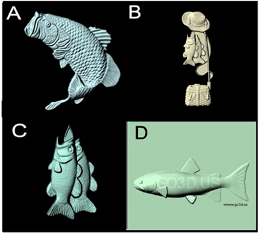 M22962 - Carved 3D Wood Appliques of Fish and Fishing Gear