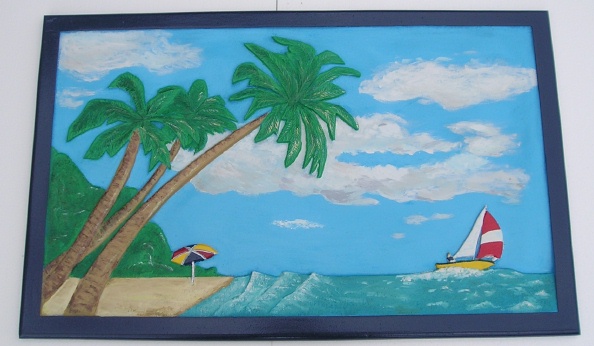 Carved Wooden Seas Beach And Nautical Signs Plaques L21126 Carved Hand Painted Sign With Ocean Sky Clouds Sailboat Beach Umbrella And Palm Trees