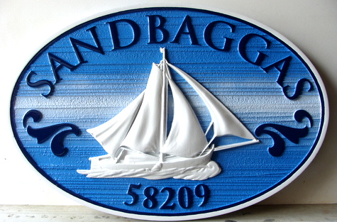 L21007A - Carved Property Name & Address Sign, with Sailboat