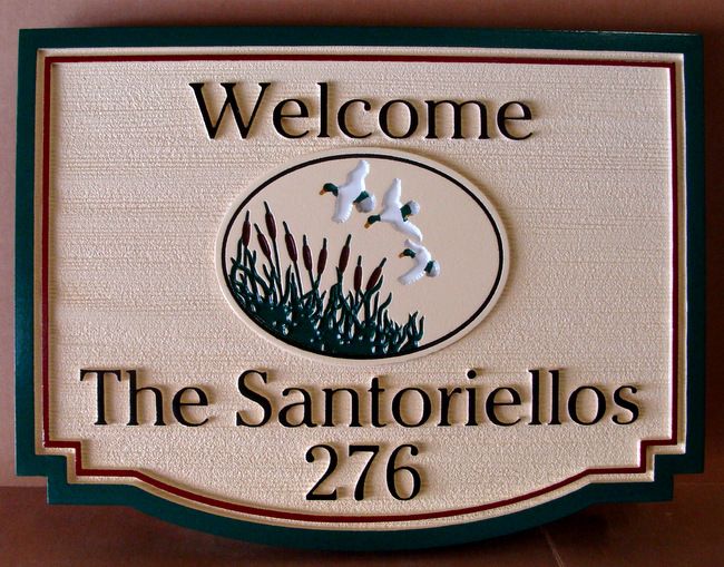 L21634 - Carved and Sandblasted 2.5-D HDU  Residence Sign, with Ducks in Flight and Bullrushes as Artwork