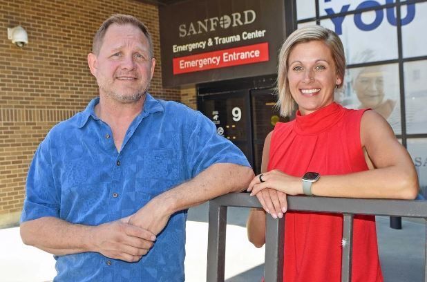Heartview Foundation Executive Director Kurt Snyder and Chief Operating Officer Jessica Brewster outside Sanford Health's emergency room in downtown Bismarck on Thursday.