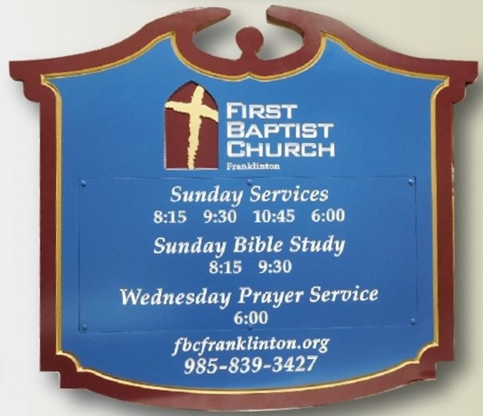 D13017 - Entrance Sign for the "First Baptist Church", Engraved Text with Replaceable Panel for Service Times 