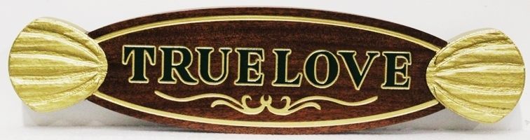 L21898 - Carved and Engraved   African Mahogany Quarterboard Sign "True Love"., with 3D Carved Decorations and 24K Gold Leaf as Artwork 