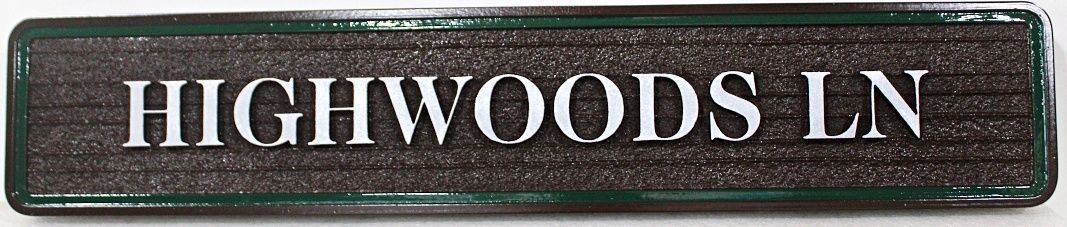 H17085 - Carved 2.5-D HDU Street Name Sign for "Highwoods Lane"