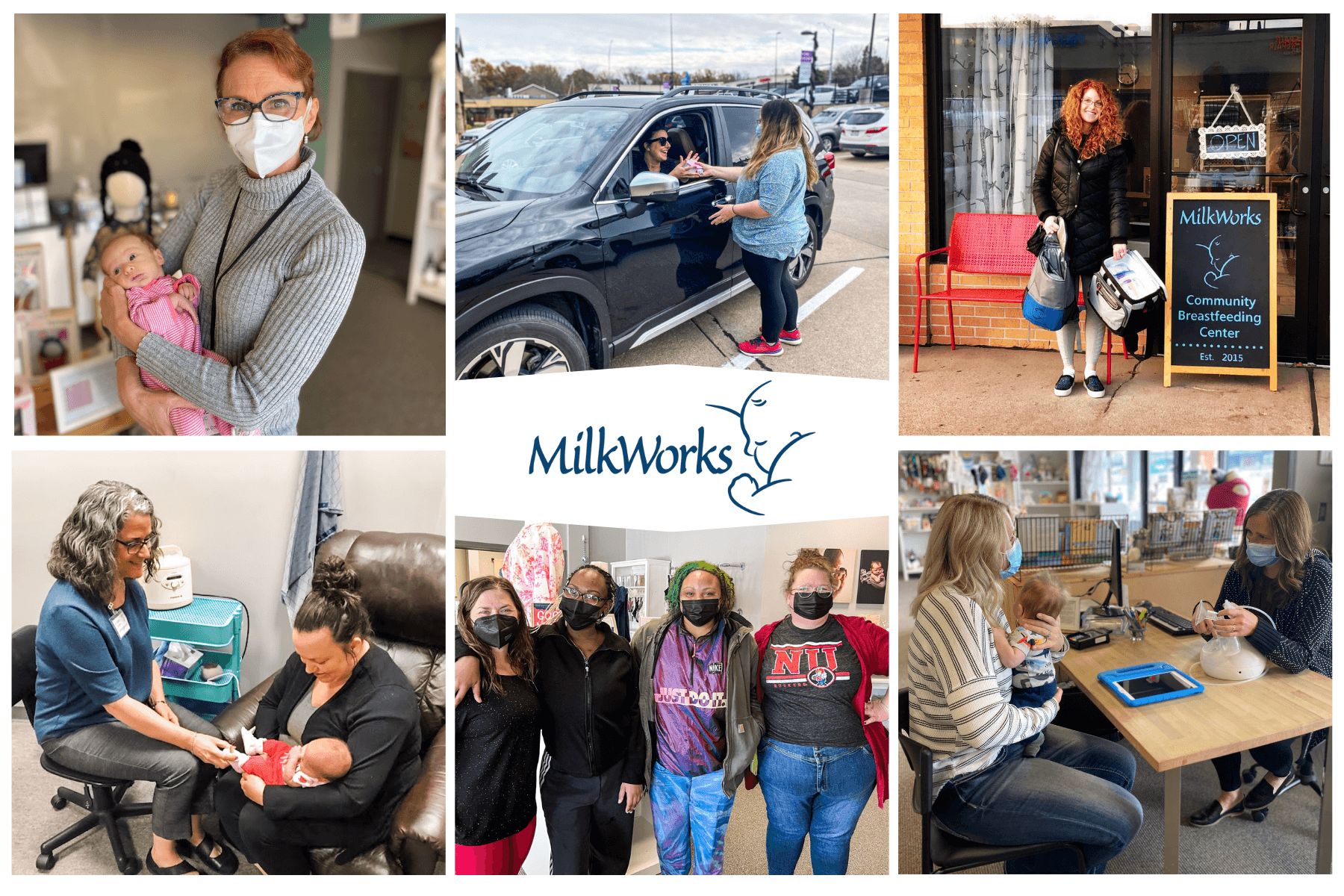 A collage of photos with the word MilkWorks in the middle. Top Left: a masked woman with a pixie haircut holding a newborn baby girl, smiling at the camera. Top middle: a MilkWorks female employee handing supplies through the car window of the blue SUV to