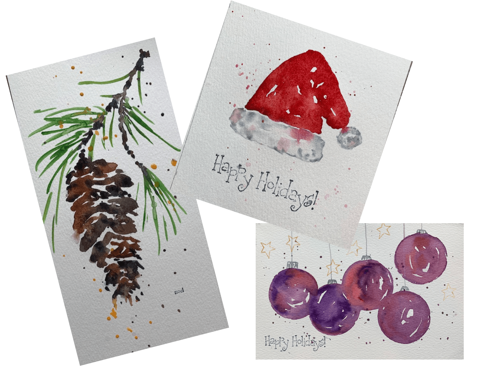 Three holiday cards are displayed. One has three hanging round holiday bulbs. One is of a Santa hat. And, one of a pine cone with needles and small stem