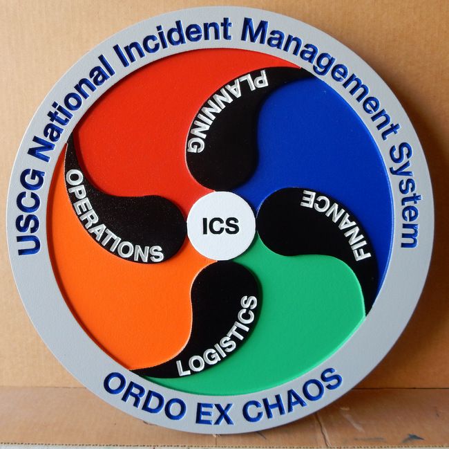 NP-2160- Carved Plaque of Seal of US Coast National Incident Management System "Ordo Ex Chaos",  Artist Painted