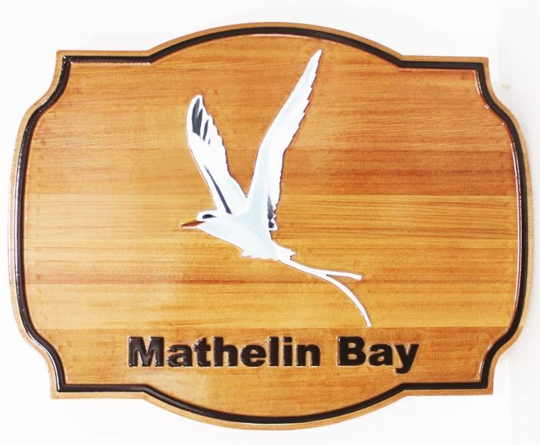 L21611A - Carved Cedar Wood Coastal Residence sign "Mathelin Bay" , with a Tern in Flight as Artwork