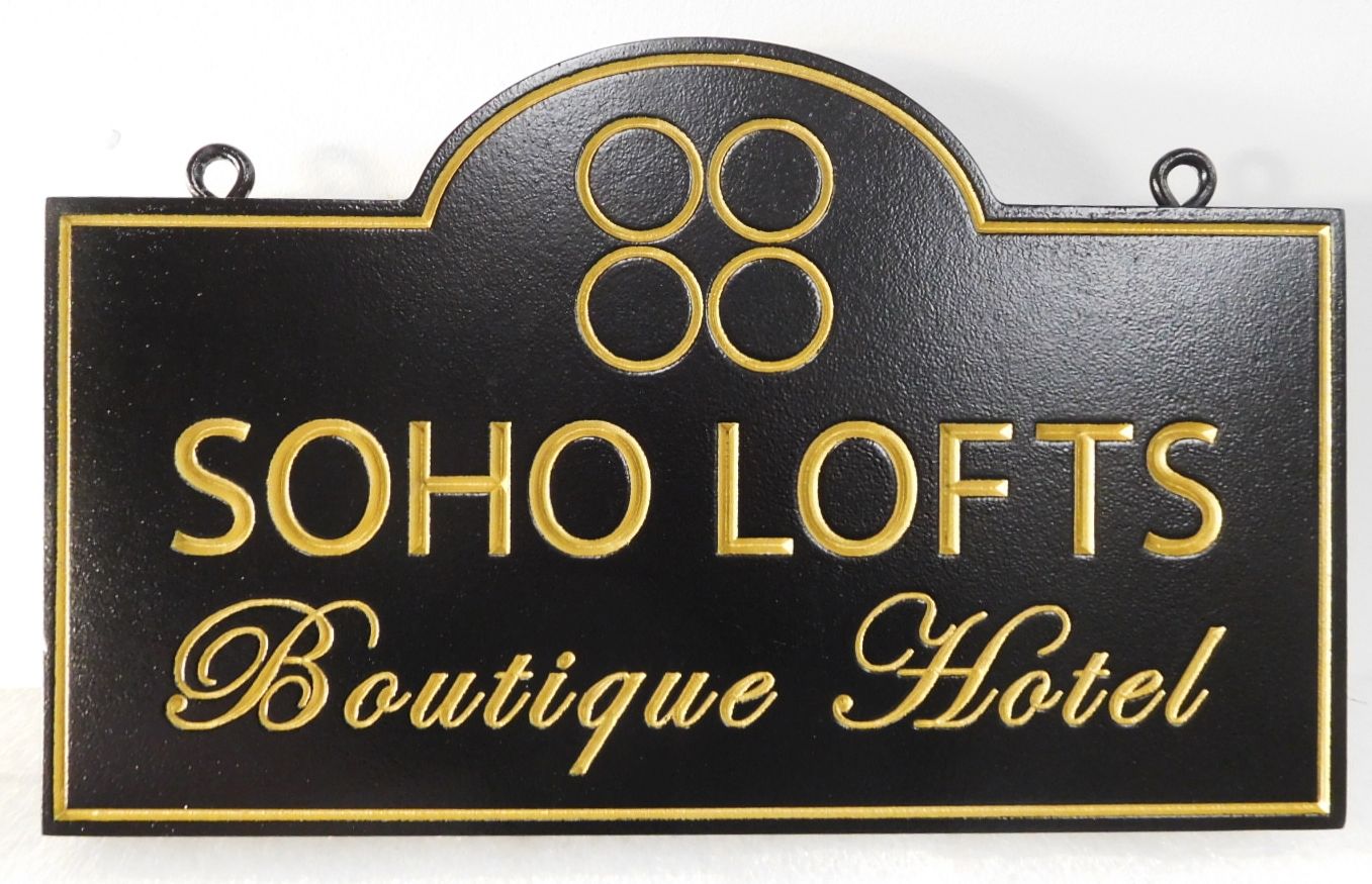 T29019 -  Carve Engraved Sign for the "Soho Lofts Boutique Hotel", 2.5-D Engraved, Artist-Painted