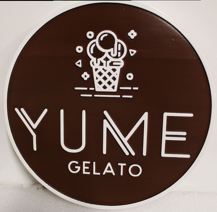 Q25820 - Carved Sign for YUME Gelato, 2.5-D arist Painted with Cone as Artwork 