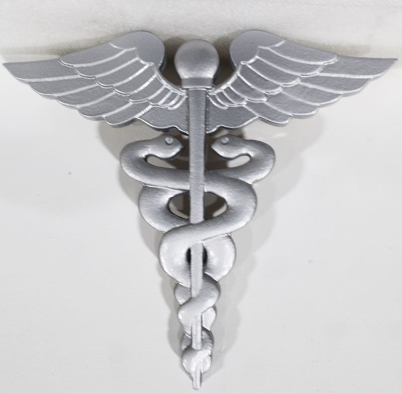 B11057A - Carved 3D Caduceus Painted in Silver Metallic Paint