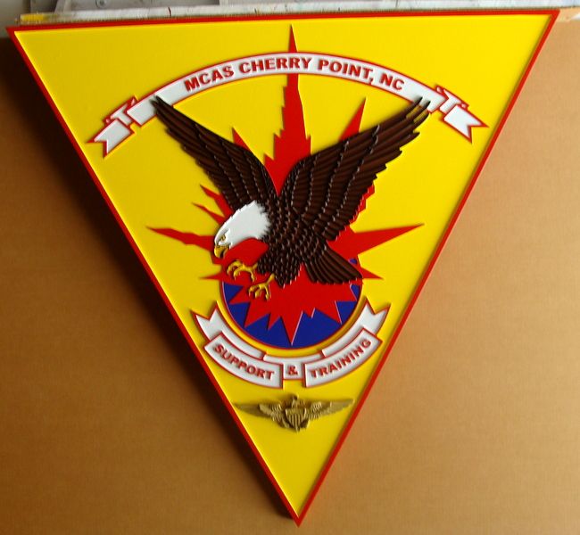 V31423A  – Carved 3D Wall Plaque of the  Crest of MCAS at Cherry Point, NC, with Eagle and Wing Badge