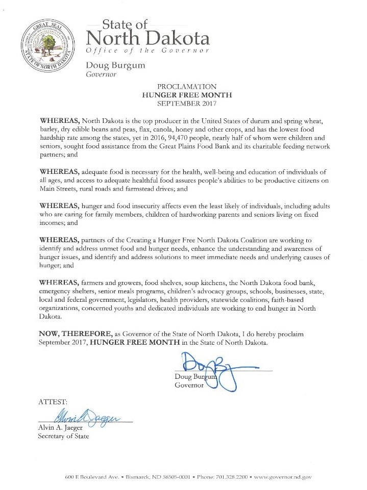Governor Burgum officially declares September Hunger Free Month